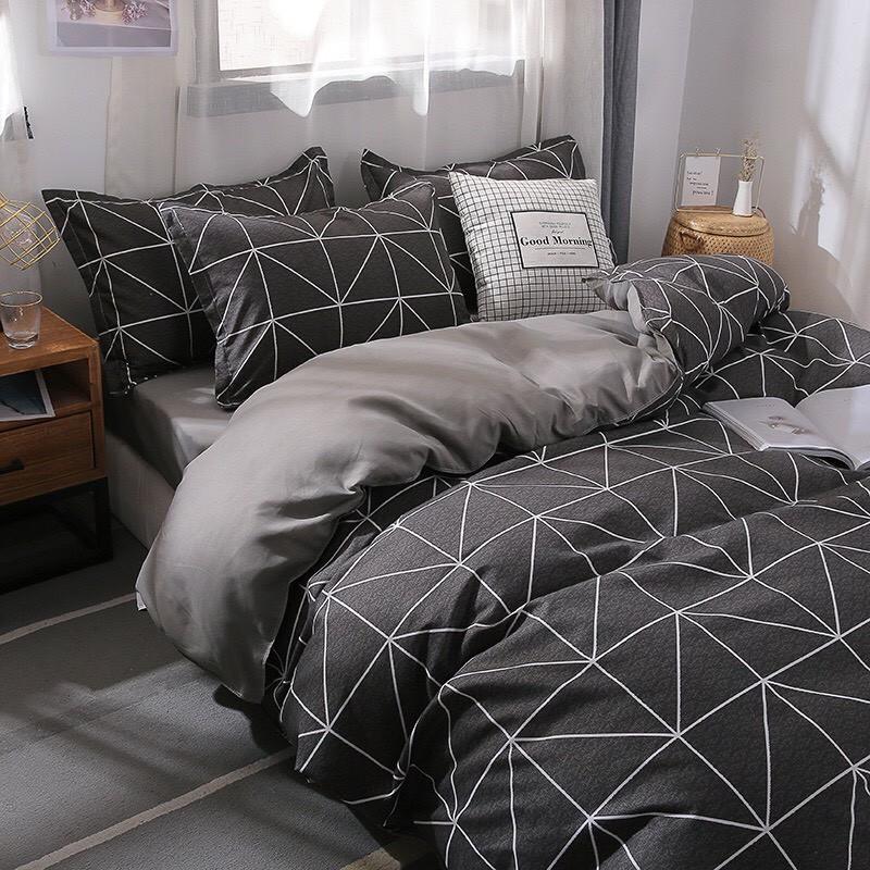 Bộ chăn ga gối Cotton poly M2T bedding, vỏ chăn mền, drap ga giường và 2 vỏ gối - Pl Kẻ bàn cờ