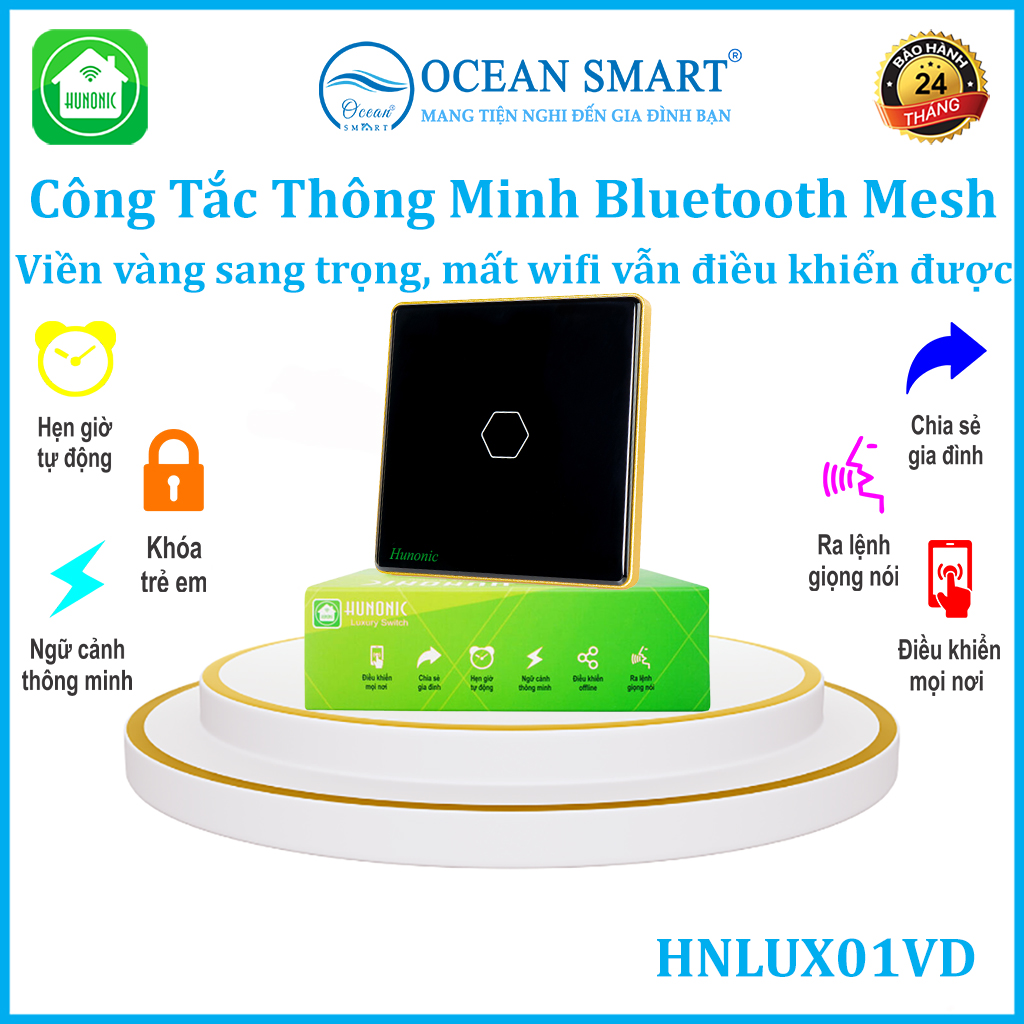 Công Tắc Cảm Ứng Thông Minh HUNONIC Luxury, Công Tắc Điều Khiển Từ Xa Bằng Điện Thoại Hình Vuông - HNLUXV