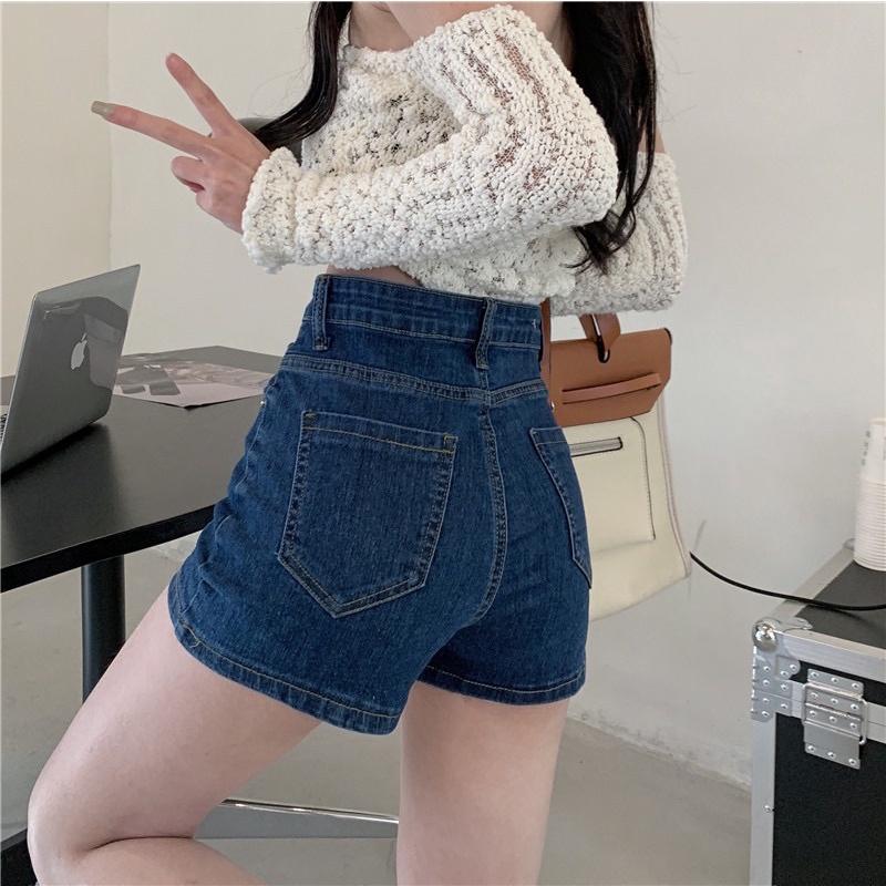 Quần short jeans nữ BigSize màu xanh đậm, co dãn mạnh, lưng cao