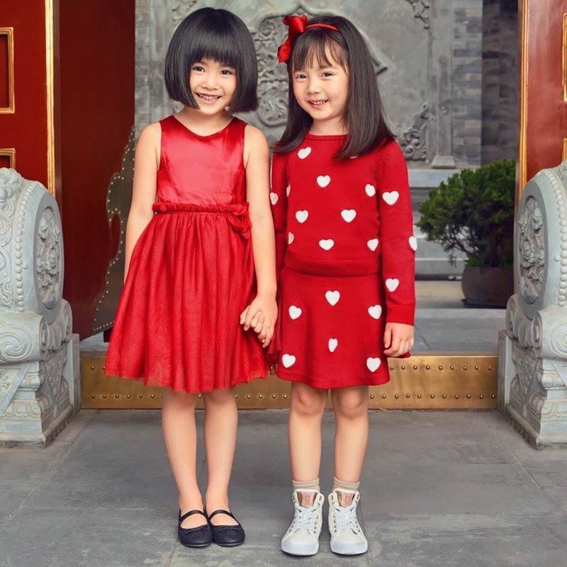 Đầm xoè đỏ bé gái HM voan phối satin sang chảnh