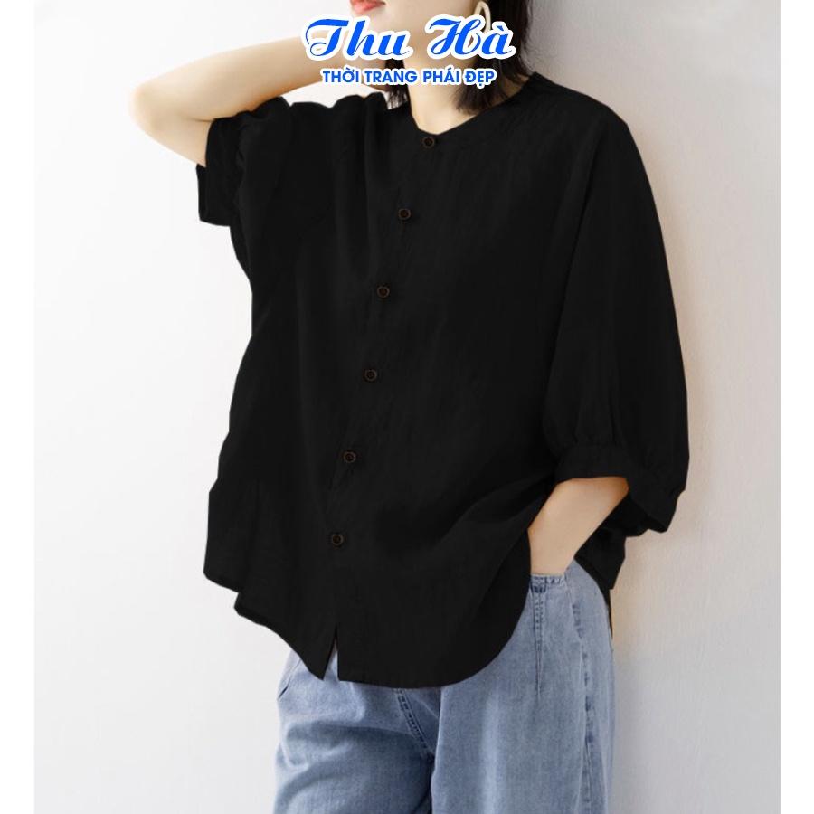 Áo sơ mi đũi nữ tay lỡ cổ tròn Thu Hà form rộng bigsize che khuyết điểm mặc đi làm đi chơi đều phù hợp SMH.34
