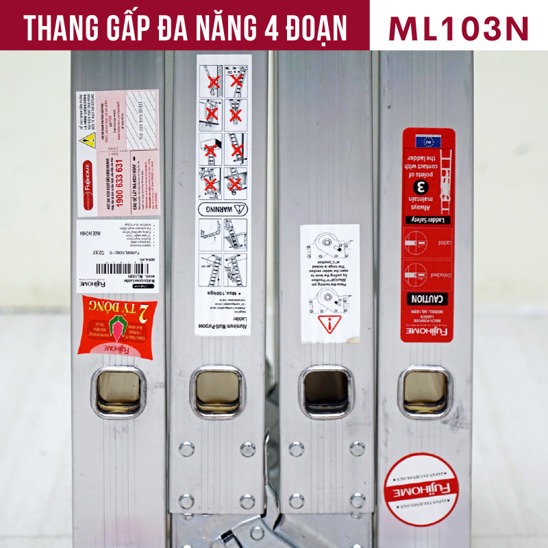 Thang nhôm gấp đa năng 4 đoạn 3.4M - 3.7M nhập khẩu CN Nhật Bản FUJIHOME ML103,  thang xếp đa năng 12 tư thế sử dụng - Hàng chính hãng