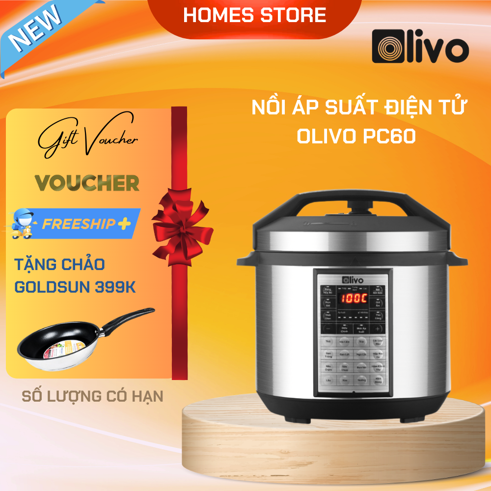 Nồi Áp Suất Điện Olivo PC60 Ruột Inox 6L Thương Hiệu Mỹ Gồm 16 Chức Năng Công Suất 1000 W - Hàng Chính Hãng