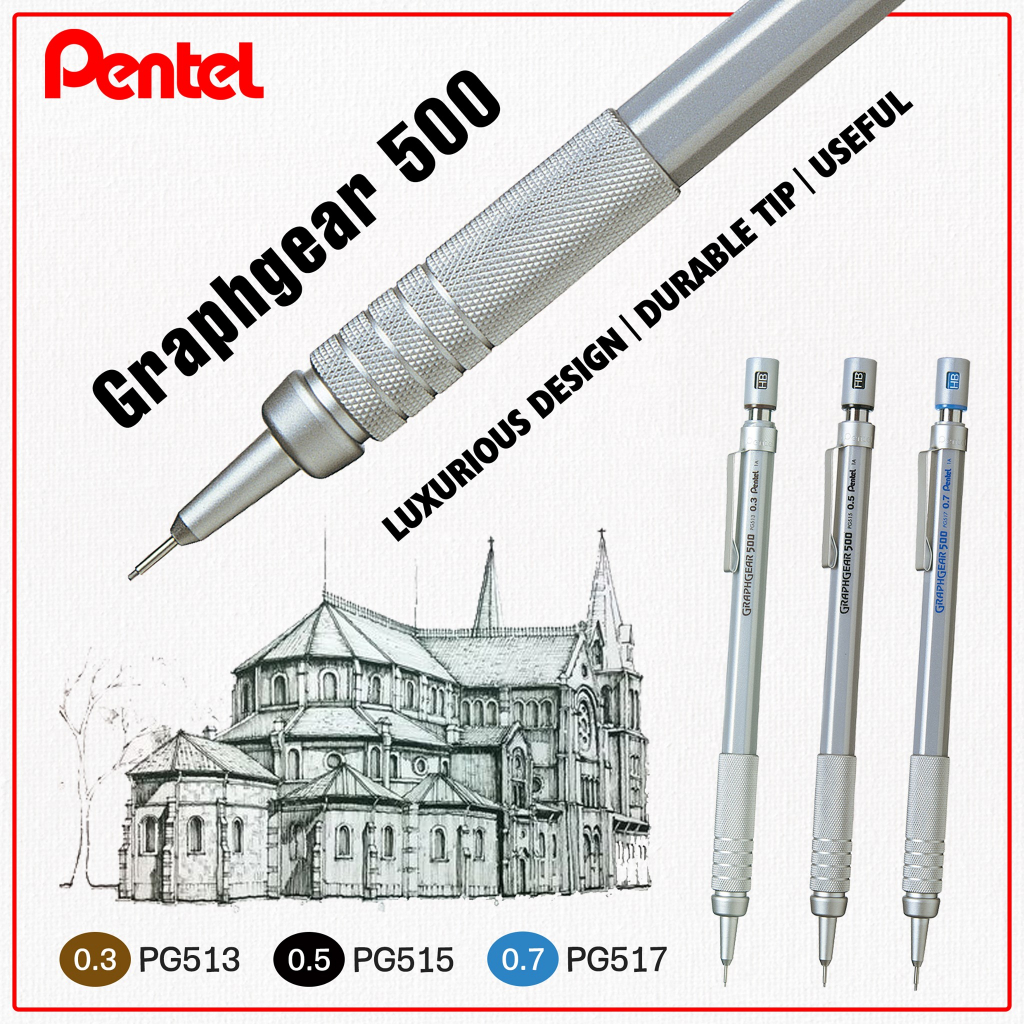 Bút Chì Kim Bấm Kỹ Thuật Pentel Graphgear 500 PG513/ 515/ 517/ 519 | Vỏ Ngoài Inox Cao Cấp Không Han Gỉ