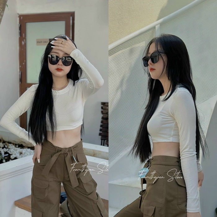 SET QUẦN DÀI TÚI HỘP ỐNG RỘNG LƯNG CAO + ÁO THUN CROPTOP BASIC CƠ BẢN TAY DÀI ÔM BODY ĐI CHƠI DẠO PHỐ ĐI BIỂN