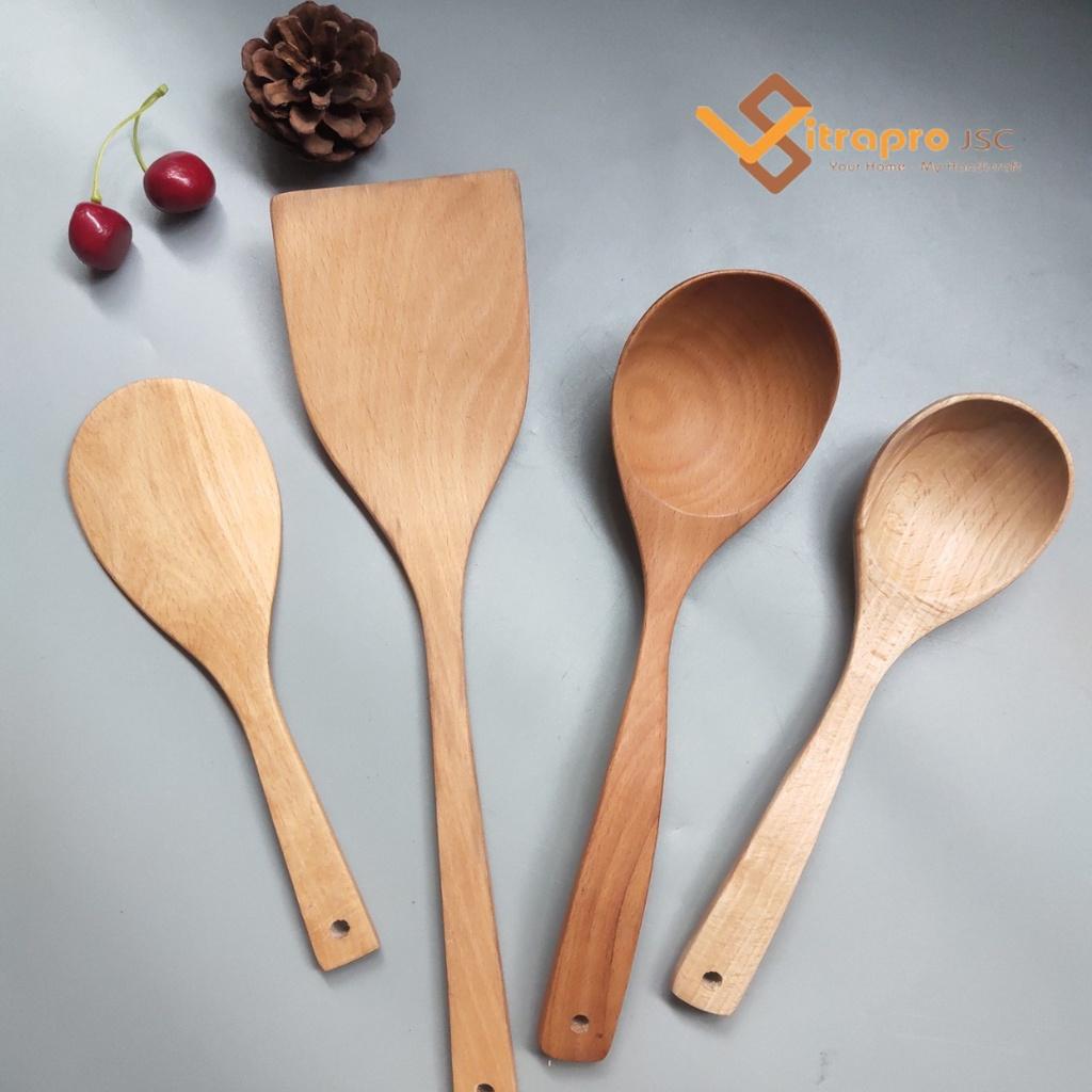 Set Gồm 4 Muôi Sạn Xào Muỗng Canh Cơm Chất Liệu Gỗ Keo An Toàn Tiện Lợi