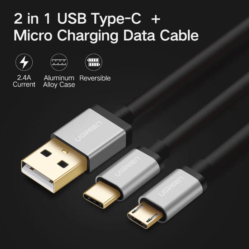 Ugreen UG30572US196TK 1M màu xanh Dây USB 2.0 sang micro USB + Type-C - HÀNG CHÍNH HÃNG