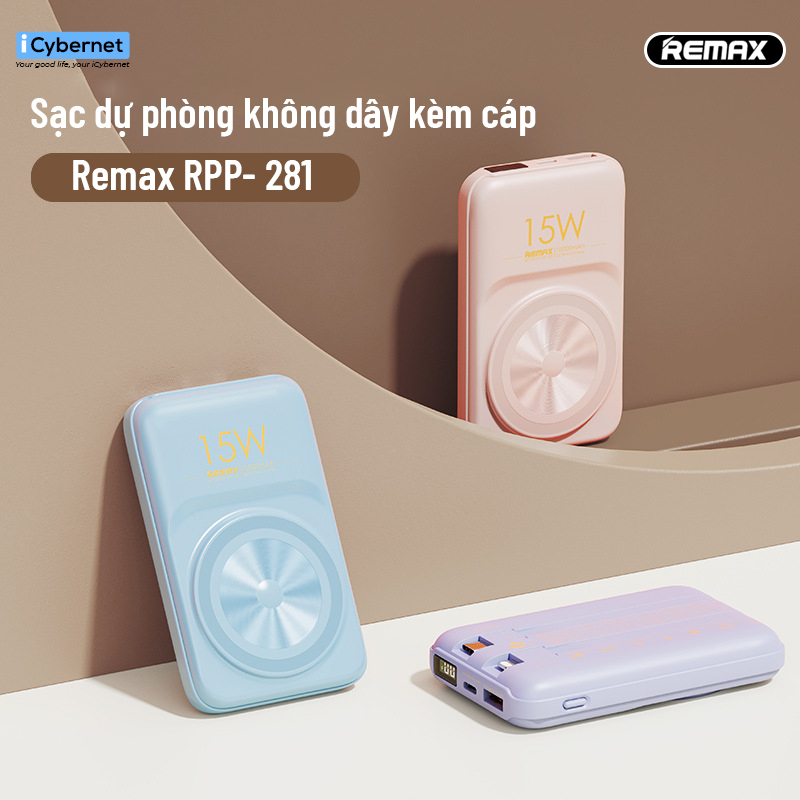 Hình ảnh Sạc dự phòng không dây từ tính Remax RPP-281 dung lượng 10000mAh kèm cáp sạc nhanh 2 chiều tiện lợi - Hàng chính hãng