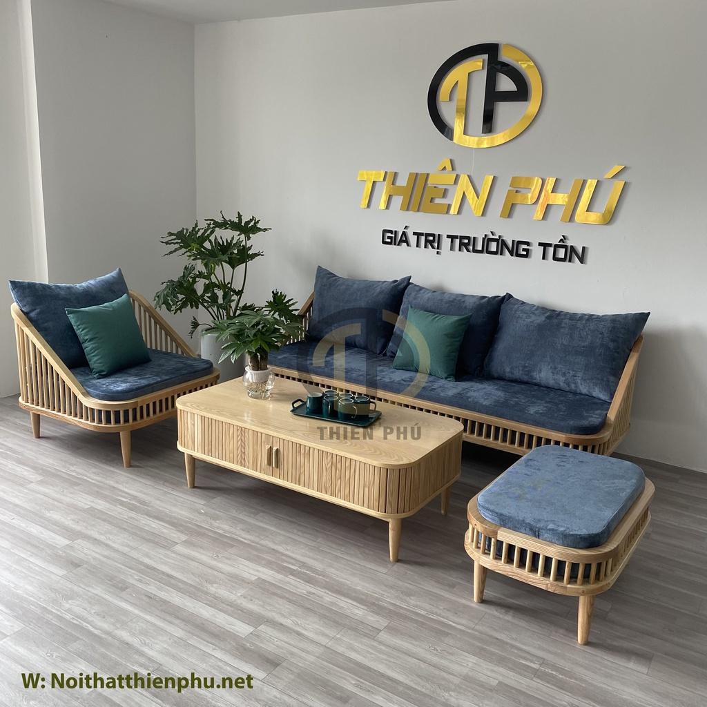 Bộ sofa phòng khách Dedar KBH gỗ tần bì màu tự nhiên bọc nỉ kèm bàn trà cánh lùa