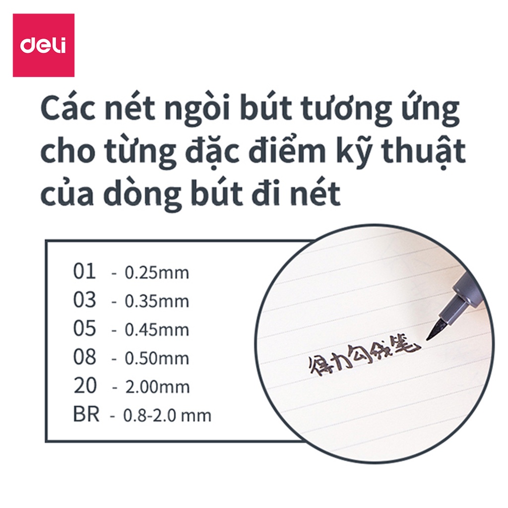Bộ 6 cây Bút đi nét - Bút vẽ kỹ thuật mực đe - vẽ caligraphy phác thảo mực đen kháng nước Deli S573
