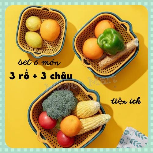 Set rổ 6 món/ bộ 3 rổ kèm 3 chậu nhựa đựng đồ ráo nước cực tiện ích 2in1