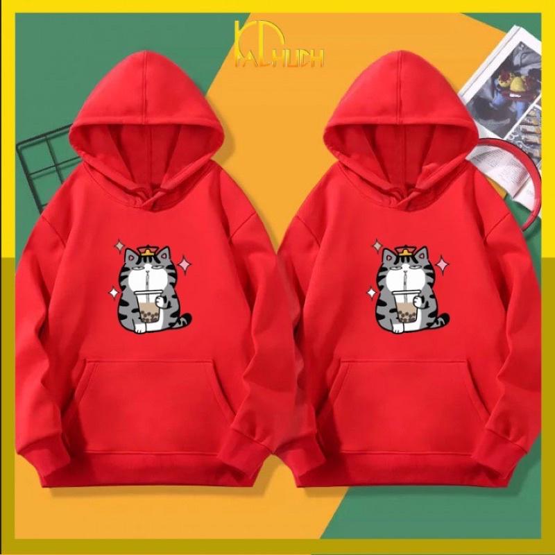 Áo hoodie cặp in mèo hoàng thượng uống trà sữa