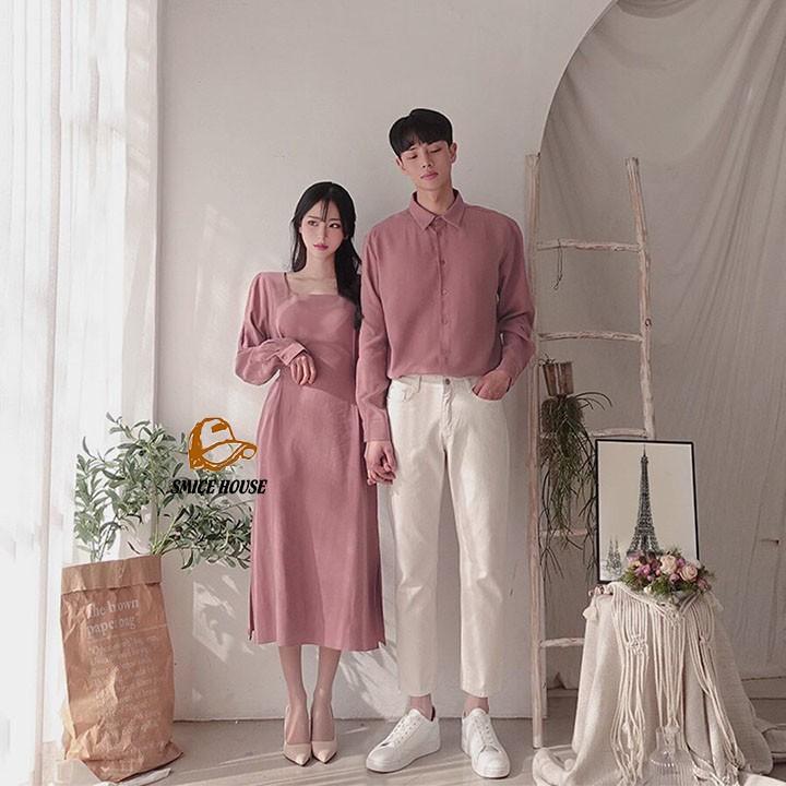 SET ÁO ĐÔI ÁO SƠ MI ĐẦM DÀI CỘT EO ĐỒ CẶP THỜI TRANG HÀN QUỐC CAO CẤP DÙNG ĐI CHỤP HÌNH CƯỚI ĐI DU LỊCH MÀU NHÃ NHẶN - SMICE HOUSE