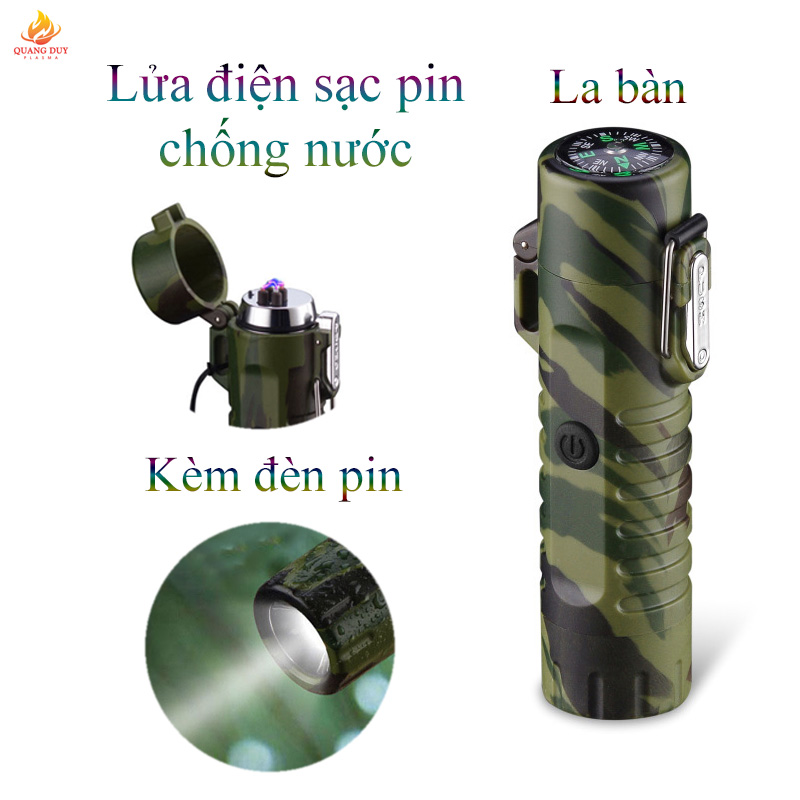 Bật lửa điện hột quẹt điện chống nước tích hợp đèn pin, la bàn sáng tạo độc đáo