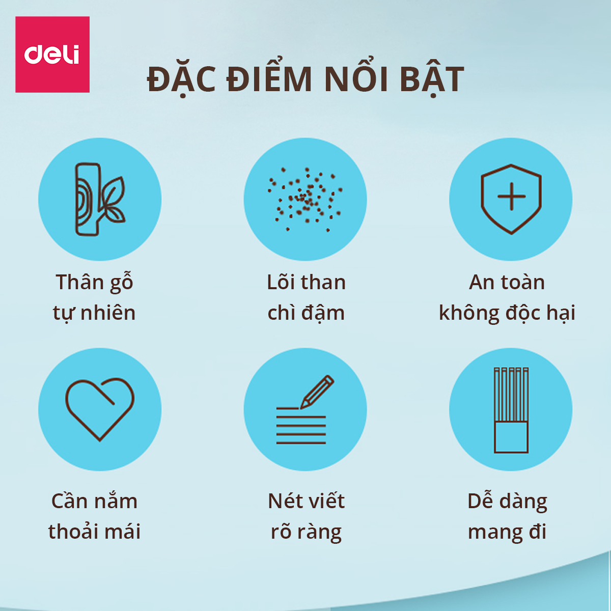 Bút chì 2B HB gỗ tự nhiên Deli - Dễ gọt và nhạy với máy chấm thi - Kèm tẩy và gọt - 10 chiếc/vỉ 50 chiếc/hộp - 33431 / 33433