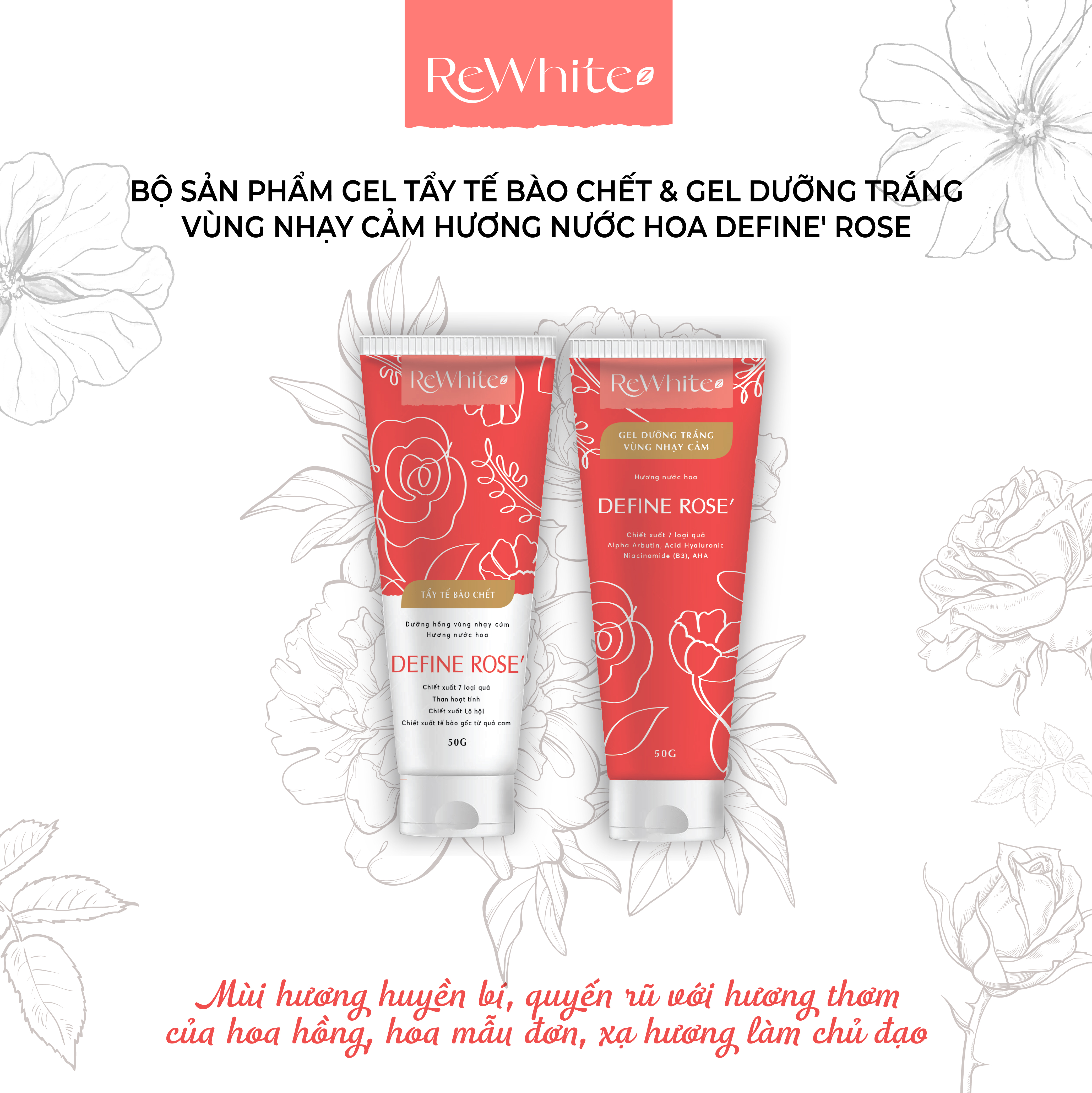 Combo Gel Tẩy Tế Bào Chết Và Dưỡng Trắng Vùng Nách, Mông, Bikini Rewhitez Hương Nước Hoa Quyến Rũ Define Rose 50g