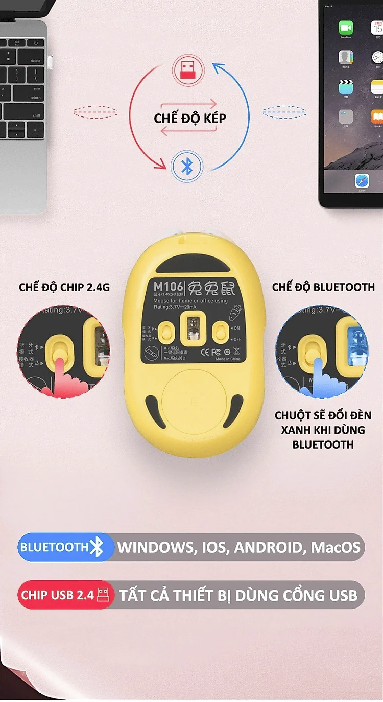 CHUỘT KHÔNG DÂY M106 KẾT NỐI BẰNG BLUETOOTH VÀ CHIP 2.4G SIÊU TIẾT KIỆM PIN, MÀU SẮC CÁ TÍNH, THIẾT KẾ NHỎ GỌN