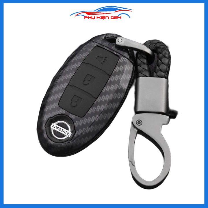 Ốp vỏ bọc chìa khóa xe Nissan XTRAIL sợi nhựa cacbon kèm móc treo Inox