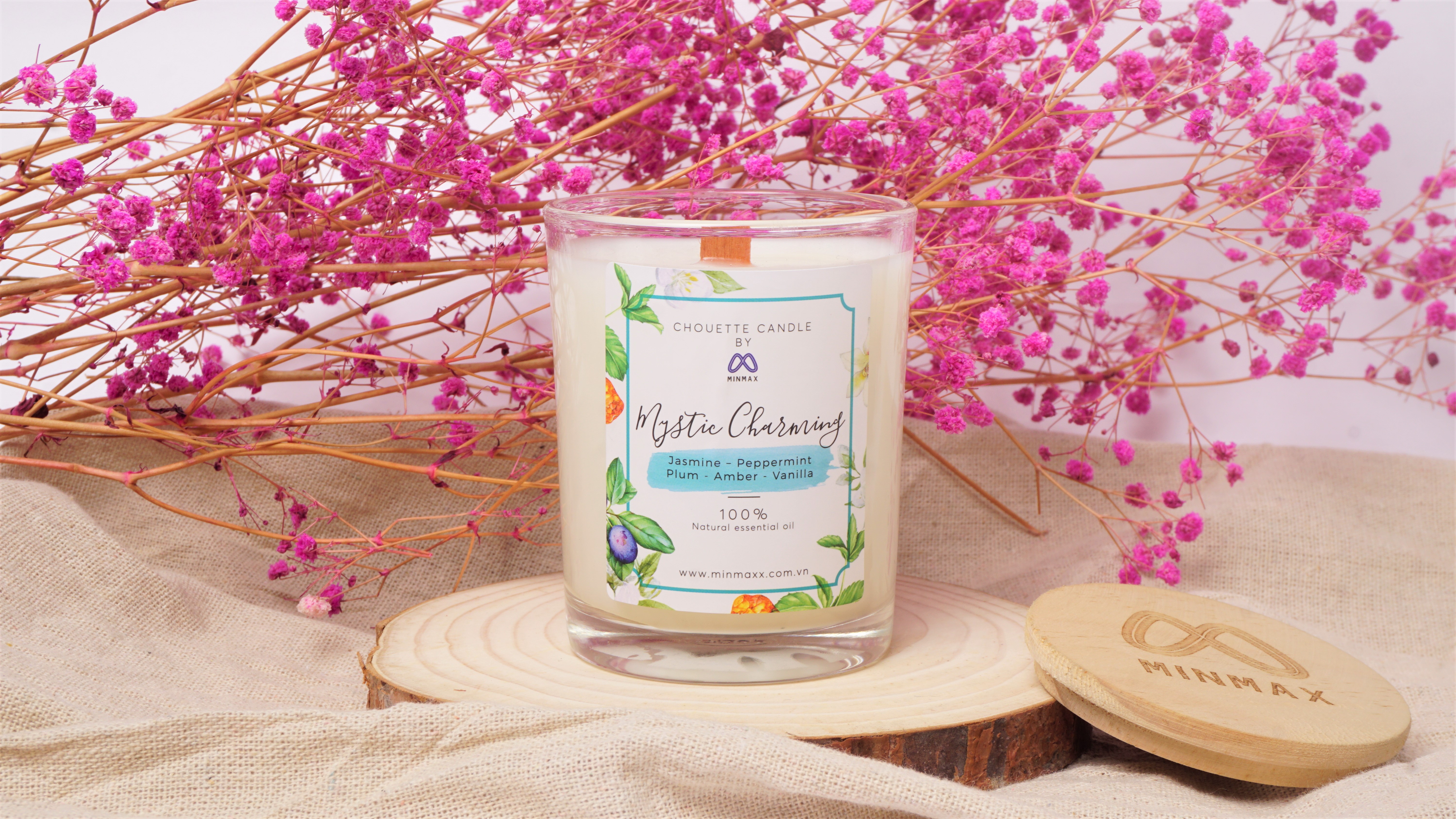 Nến thơm tinh dầu Mystic Charming Chouette Candle MinMax 182g -vanilla, hoa nhài, bạc hà, mận, hổ phách thanh mát sang trọng khử mùi làm quà tặng