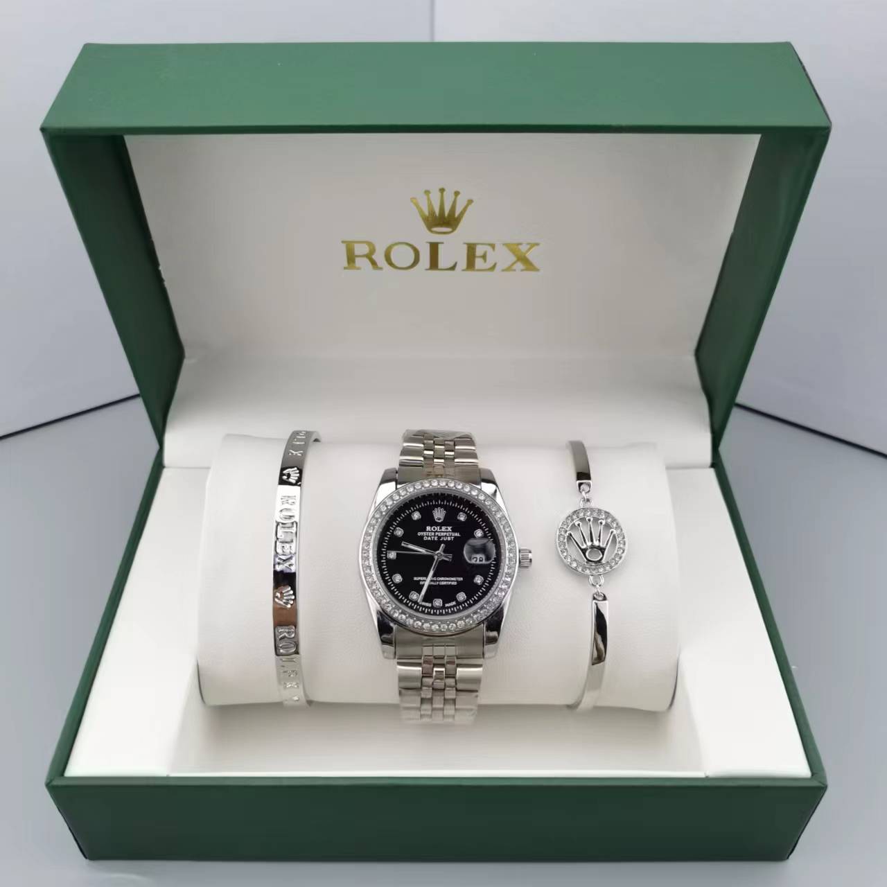 Sét 3 Món Đồng Hồ  2 Lắc Tay Rolex Nữ DateJust 32mm  Box Hãng -Hàng Cao Cấp- BH 12 Tháng - Dây Trắng Mặt Đen