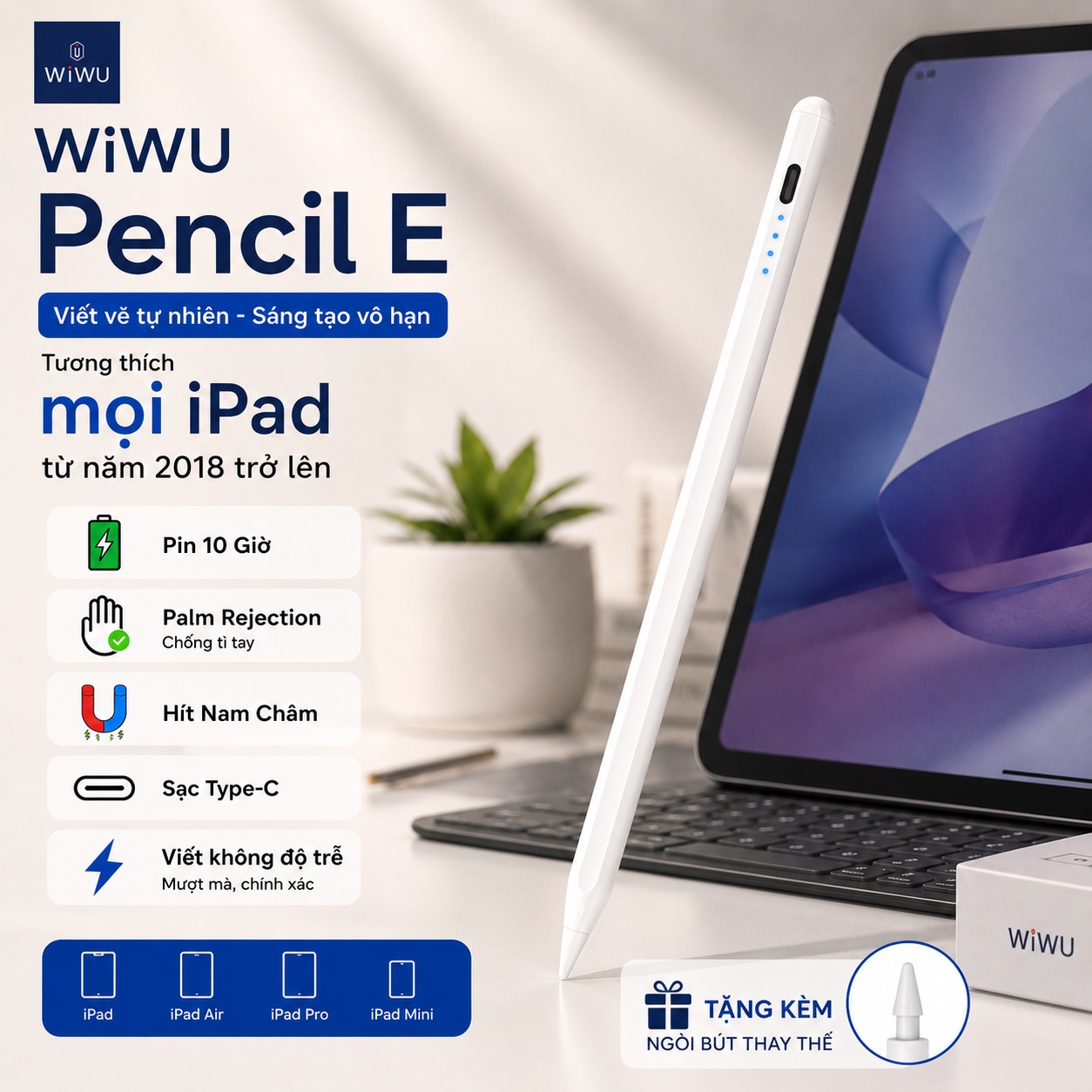 Bút cảm ứng styplus thông minh cho iPad không độ trễ hỗ trợ tì tay nét nghiêng cho iPad WIWU Pencil E - Hỗ trợ iPad Pro Air Mini đời 2018 trở lên - Palm Rejection | Magnetic | Sạc Type-C | Viết Không Độ Trễ | Tặng Ngòi Thay Thế - Hàng nhập khẩu