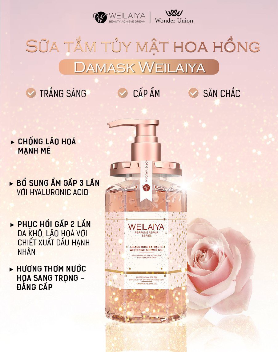 Sữa tắm trắng da chiết xuất cánh hoa hồng Damask Weilaiya Grand Rose Extracts Whitening Shower Gel chai 450ml