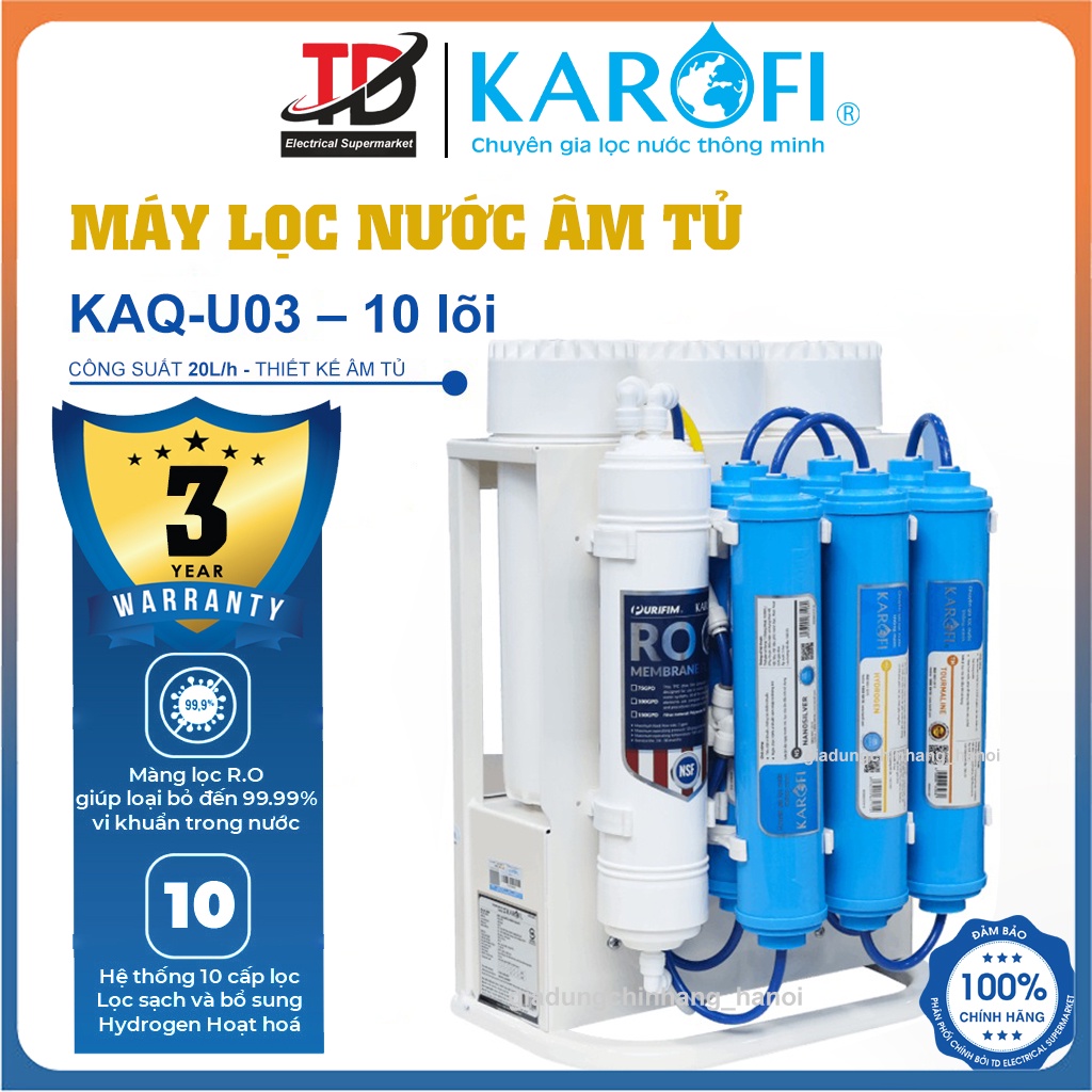 Máy Lọc Nước Karofi U03,Màng RO Purifim Mỹ 10 Lõi Để Gầm Nhỏ Gọn, Hàng Chính Hãng