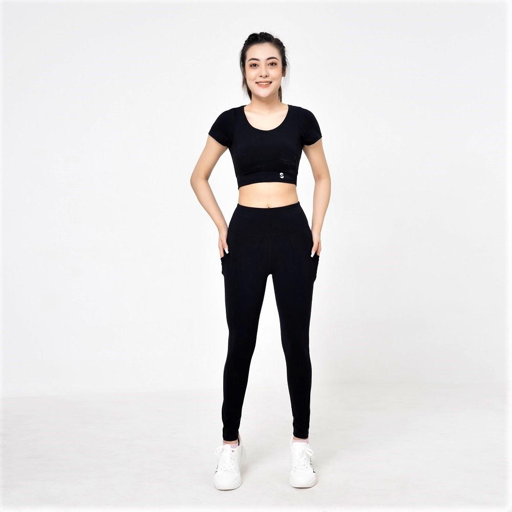 Set đồ tập thể thao gym, yoga nữ áo croptop đan dây phối quần legging nâng mông - S210501