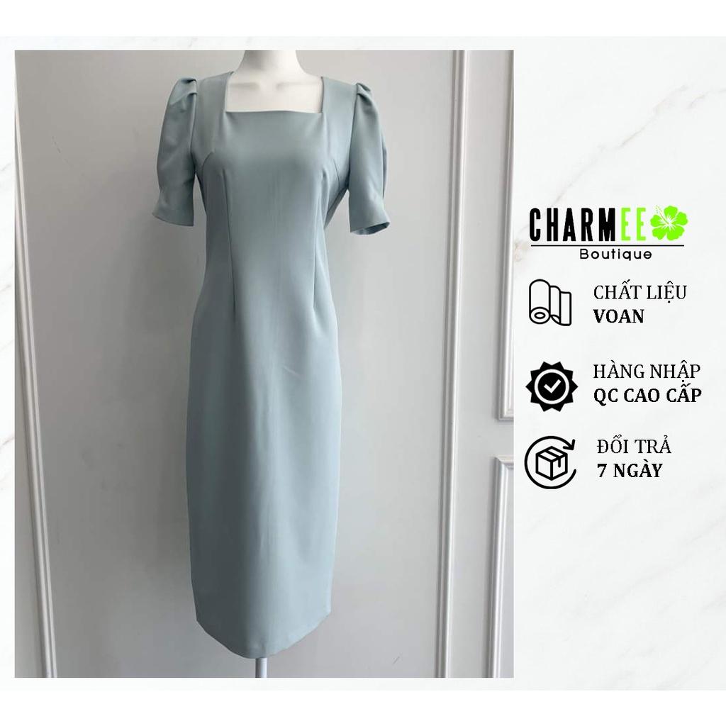 Đầm xanh cổ vuông dáng dài