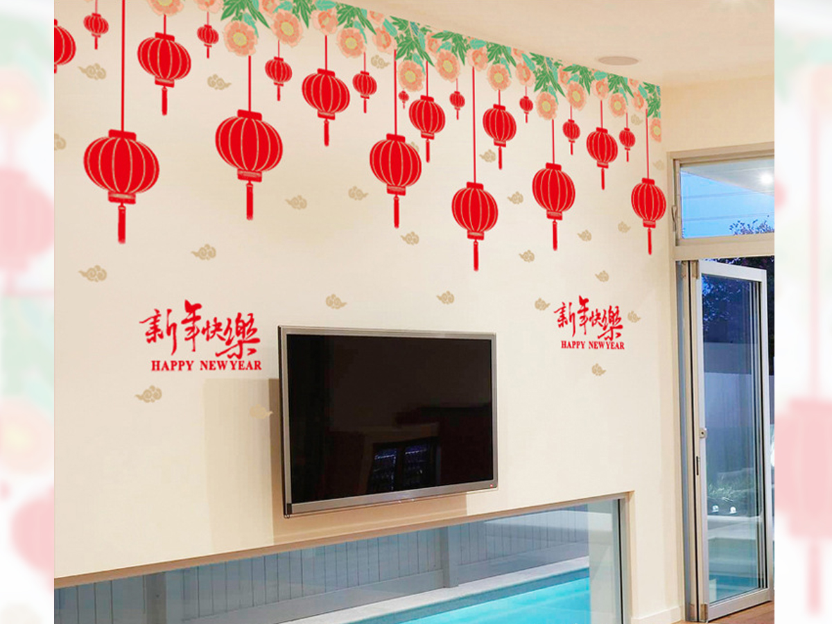 Decal trang trí tết-giàn hoa và dây treo lồng đèn
