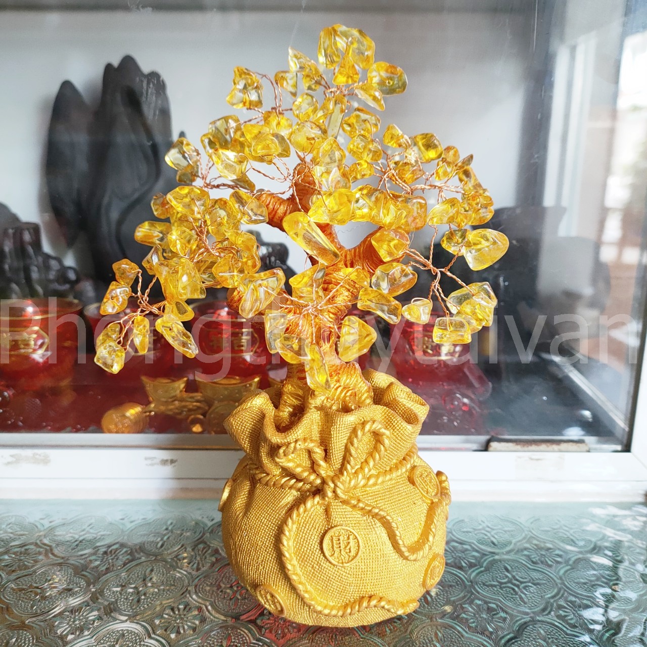 Cây Thần lộc-Hoa tiền Pha lê thỏi chiêu tài 7.5cm*7.5cm*18cm