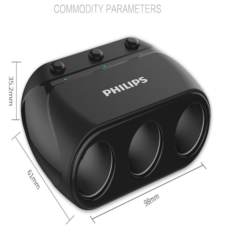 Bộ chia tẩu sạc ô tô, xe hơi nhãn hiệu Philips DLP2019 tích hợp 3 cổng chuyển đổi độc lập, đèn led hiển thị điện áp, dòng điện sạc, công suất đầu ra 120W