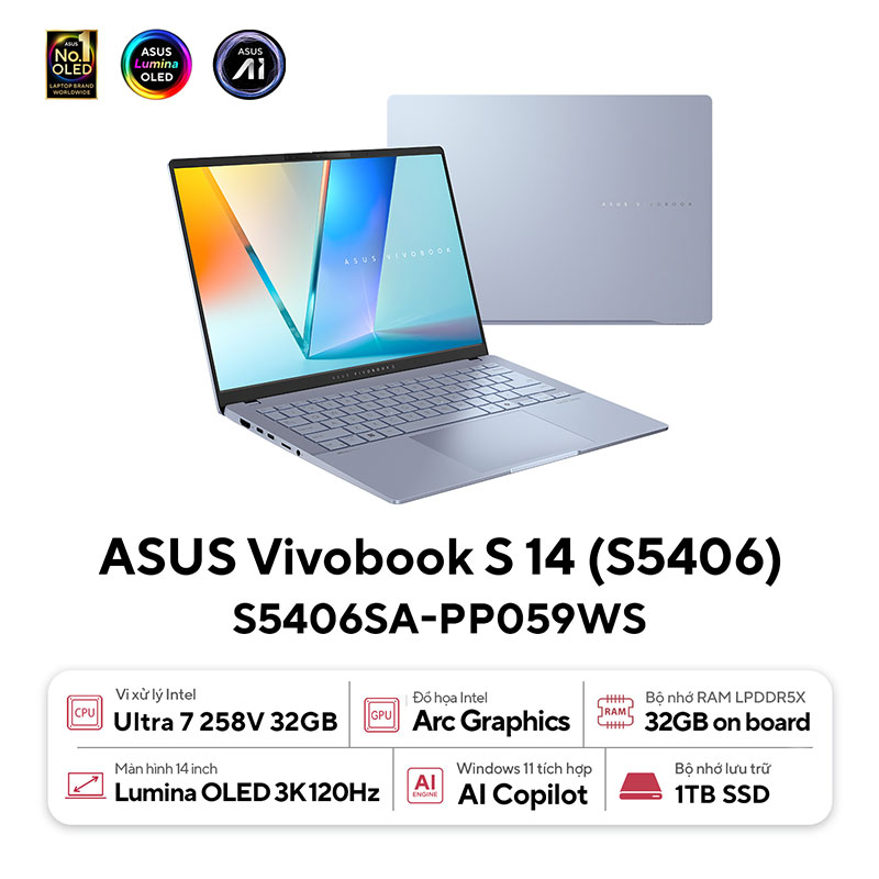 ASUS Vivobook S 14 OLED S5406SA-PP059WS (Intel Core Ultra 7 258V | 32GB | 1TB | Intel Arc | 14 inch 3K OLED | Win 11 | Office | Xanh) - HÀNG CHÍNH HÃNG