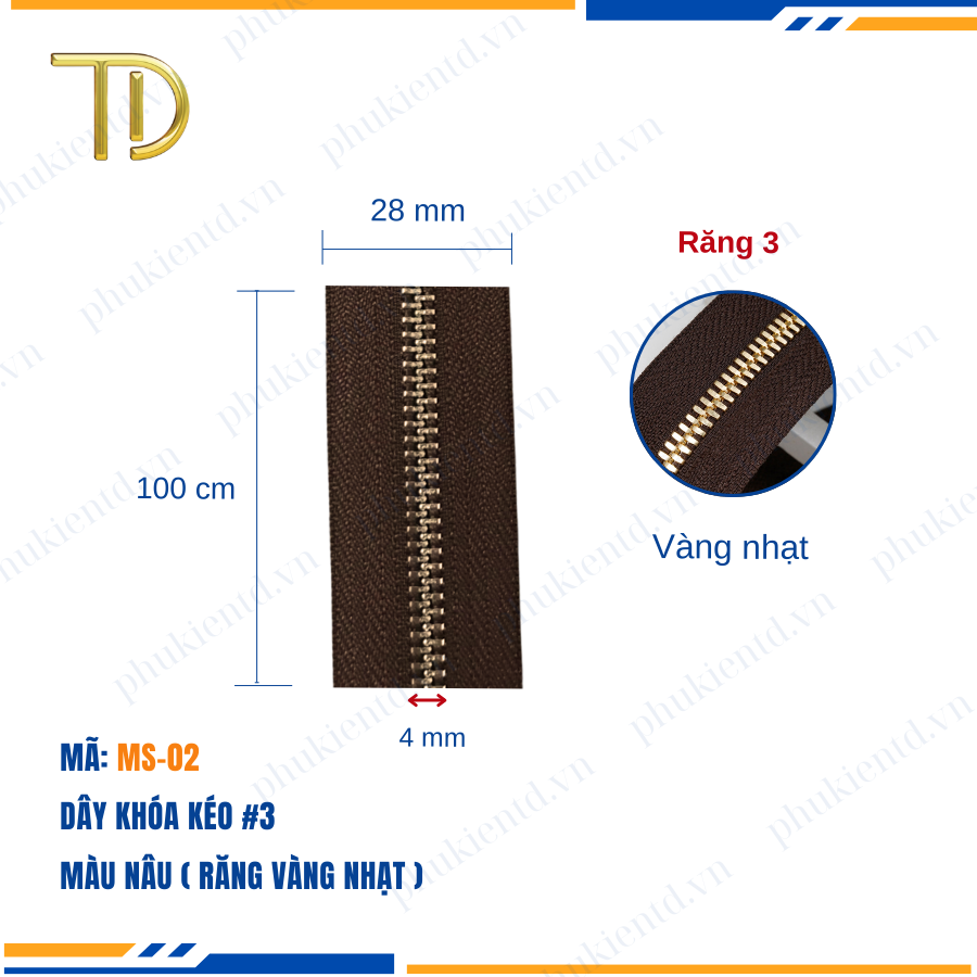 Dây khóa kéo túi xách, dây khóa kéo kim loại, dây khóa kéo răng 3 nâu, Mạ điện độ bền 5-8 năm