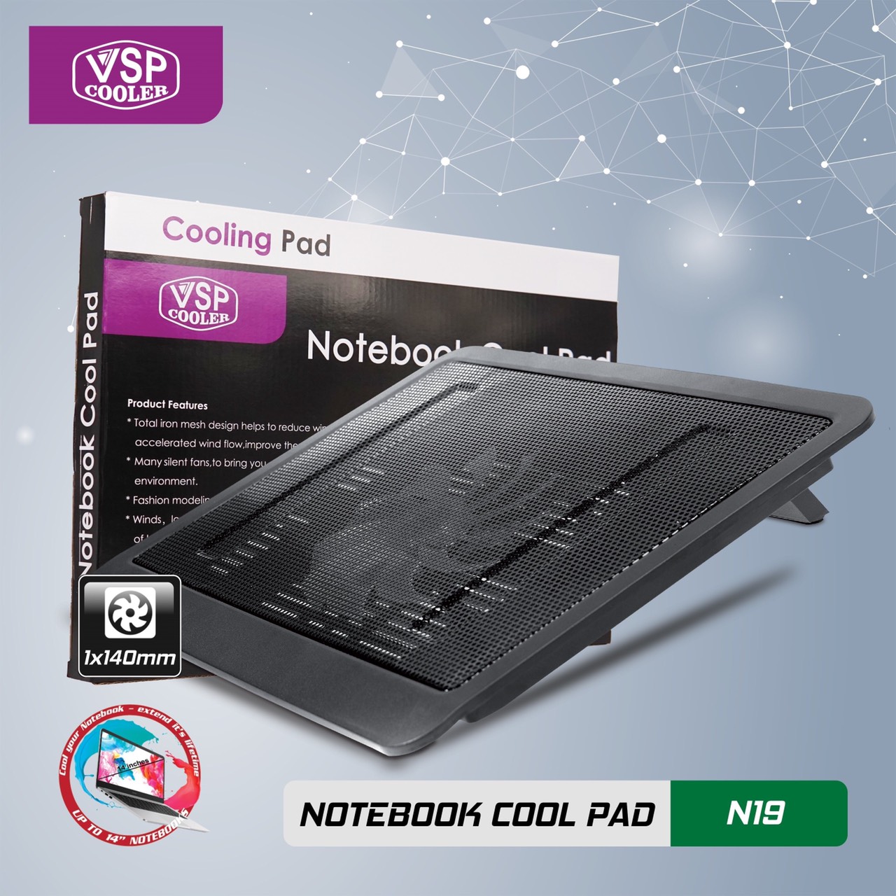 ĐẾ TẢN NHIỆT VSP COOLER N19 (1*Fan 14cm) - giao ngẫu nhiên - 1984 - hàng nhập khẩu