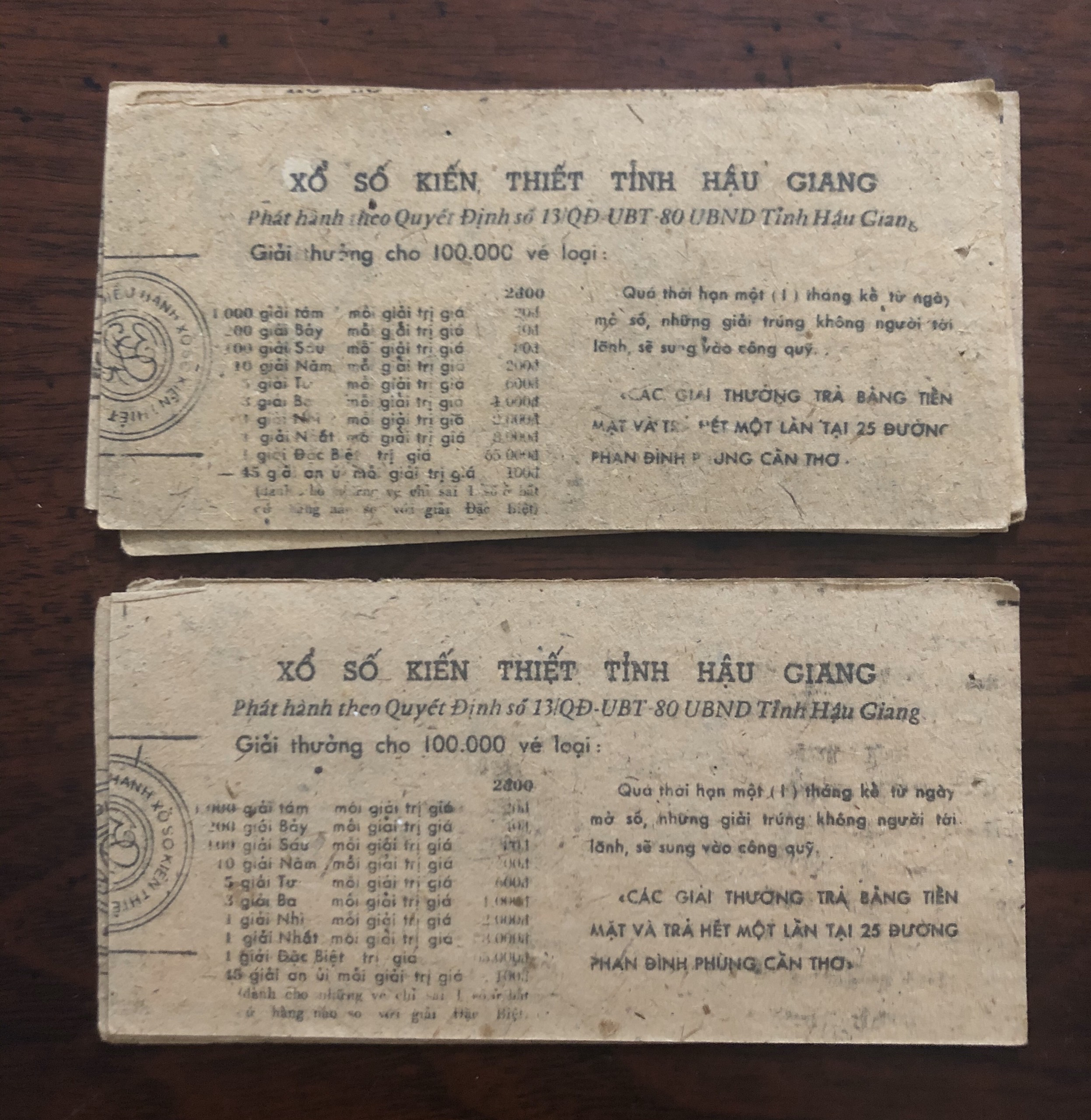 Tờ vé số bao cấp tỉnh Hậu Giang 198x sưu tầm