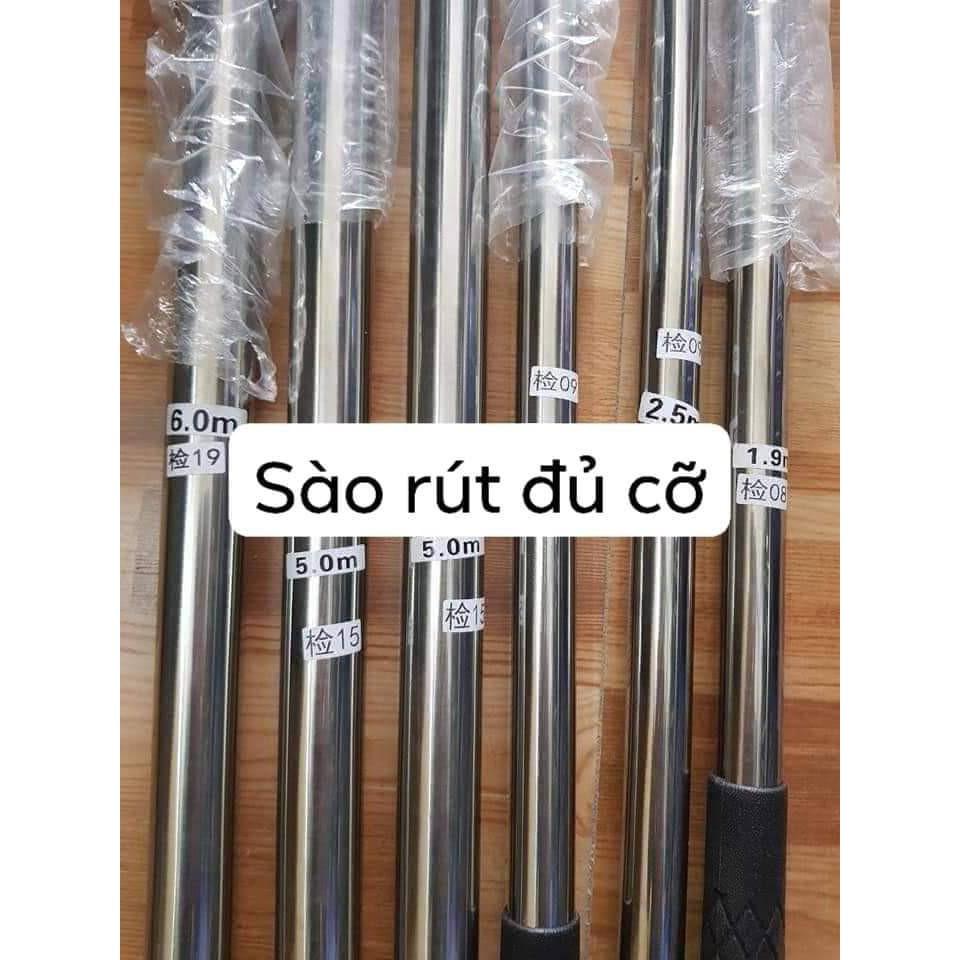 Sào bẫy chim sẻ gồm 1 sào rút inox dài 5m, 1 thanh chữ V, 2 thanh cuốn keo inox dài khoảng 1,1m