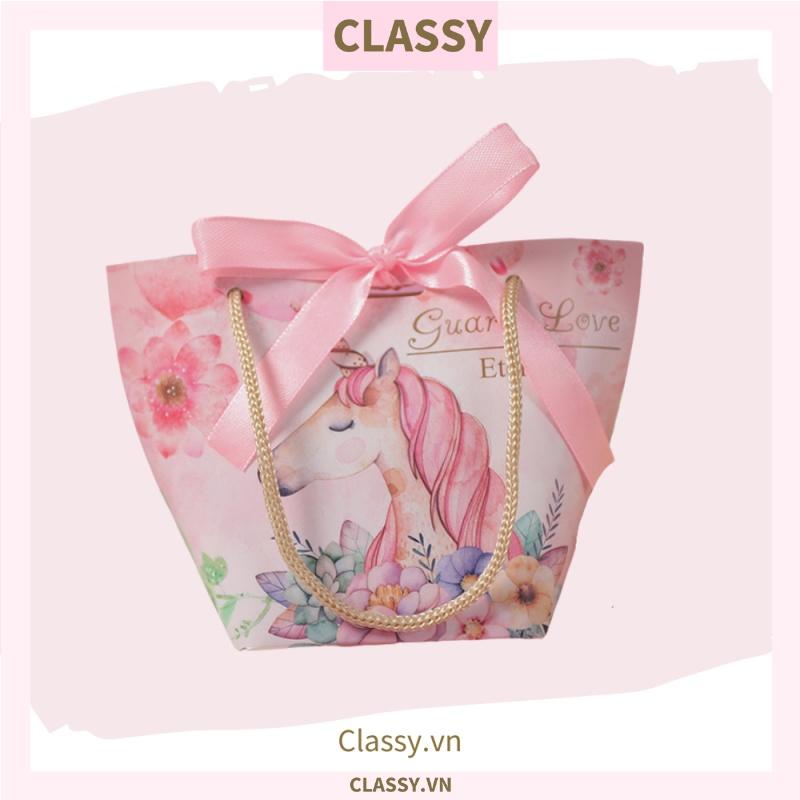 Classy Túi giấy đựng quà thắt nơ in hình dễ thương 14 X 7 X 10 CM đựng son, trang sức, quà tặng đám cưới, lễ tết (Q301)