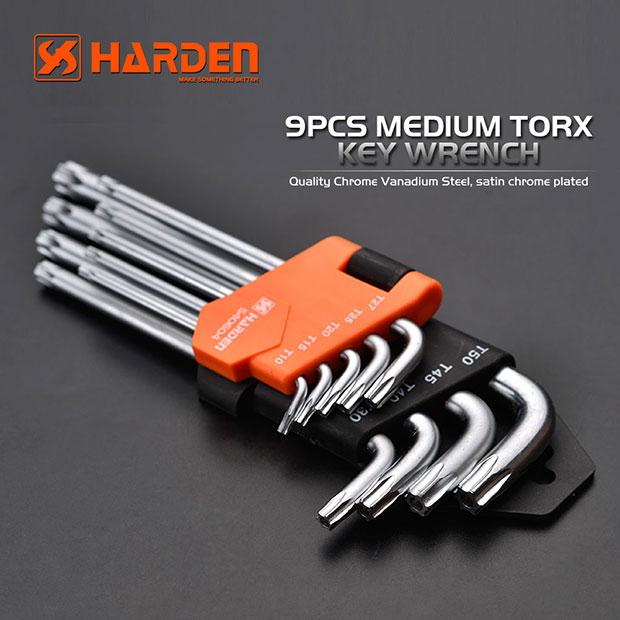 Bộ Lục Giác Đầu Sao 09 Chi Tiết HARDEN 540604 Loại Trung Bình, Hàng Chính Hãng, Được Làm Từ Chất Liệu Thép Chrome Vanadium, Độ Cứng Cao. Sản Phẩm Đựng Trong Vỉ Nhựa Tiện Lợi Và Bền Đẹp. Thông số kỹ thuật : T10, T15, T20, T25, T27, T30, T40, T45, T50 mm