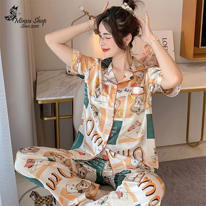 Bộ đồ Pijama lụa, bộ ngủ mặc nhà Minxu Shop, quần dài áo ngắn tay - sang chảnh - chất Lụa mềm mịn, thoải mái (Mã PP)