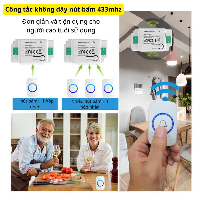 Công Tắc Không Dây Nút Bấm Cầm Tay Dán Tường Tiện Lợi 433mhz Bảo Hành 1 Năm