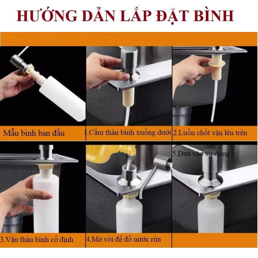 Bình Đựng Nước Rửa Chén, Xà Bông Có Vòi Inox 304 Gắn Bồn Rửa Bát Tiện Lợi