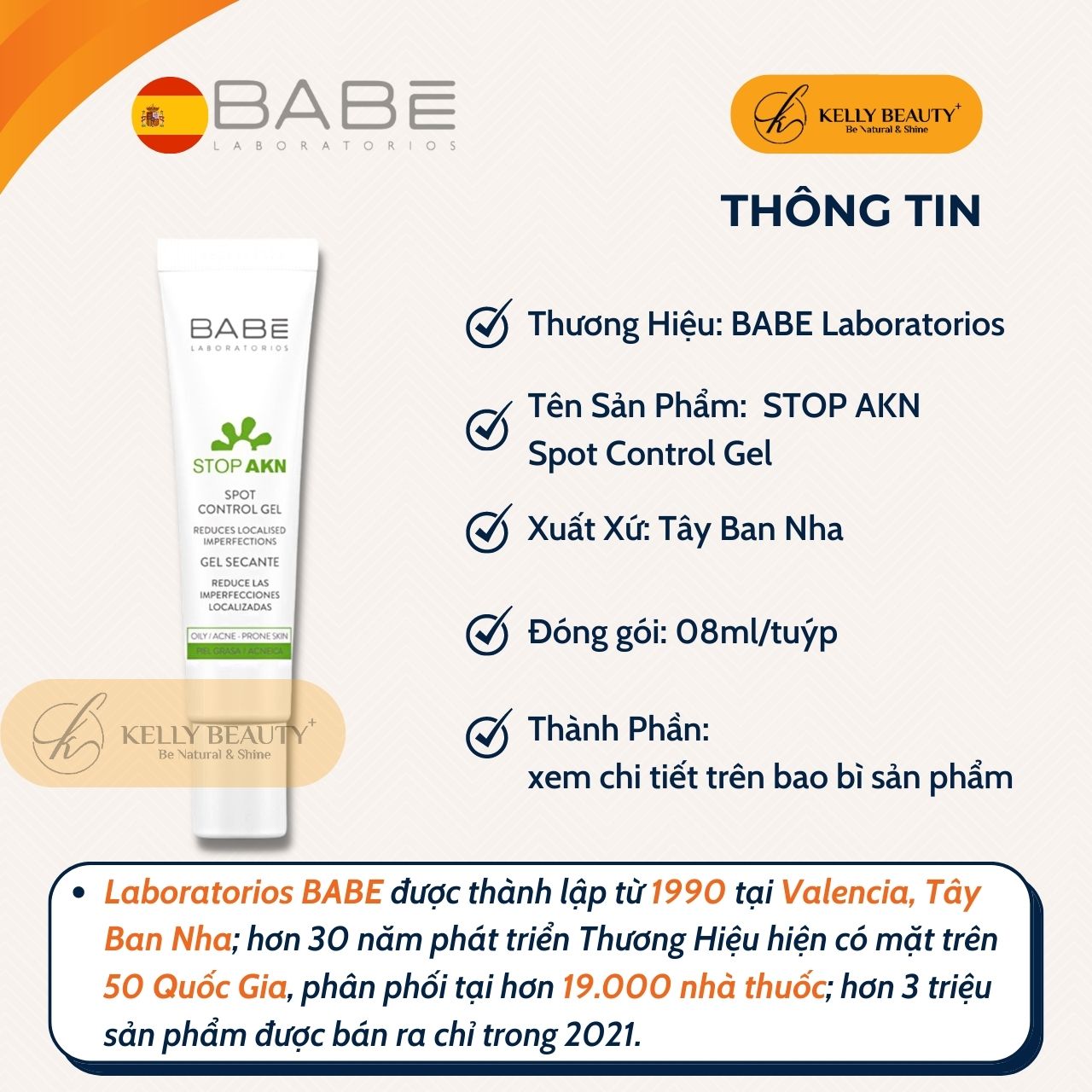 Chấm Mụn BABE Spot Control Gel - Giảm Viêm, Khô Cồi, Đẩy Nhân Mụn; Hỗ Trợ Lành Vết Thương - Kelly Beauty