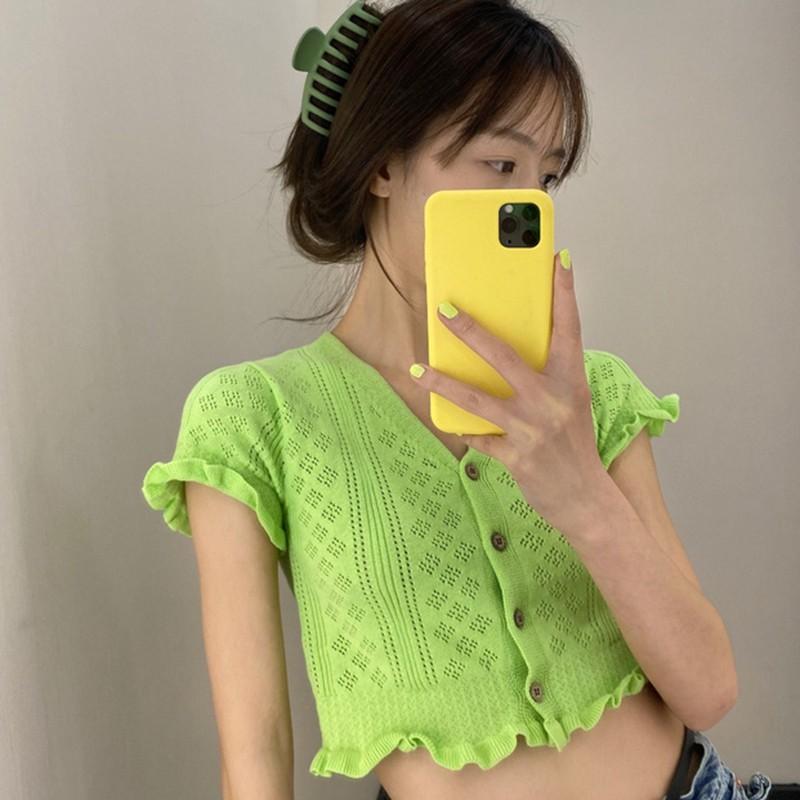 Áo Len Nữ Ngắn Tay Cổ Chữ V Thời Trang