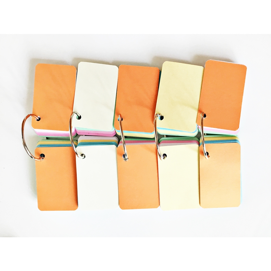 500 thẻ flashcard trắng 5 màu 5x8cm bìa thái cao cấp tặng 5 khoen inox + bìa cứng dày học ngoại ngữ