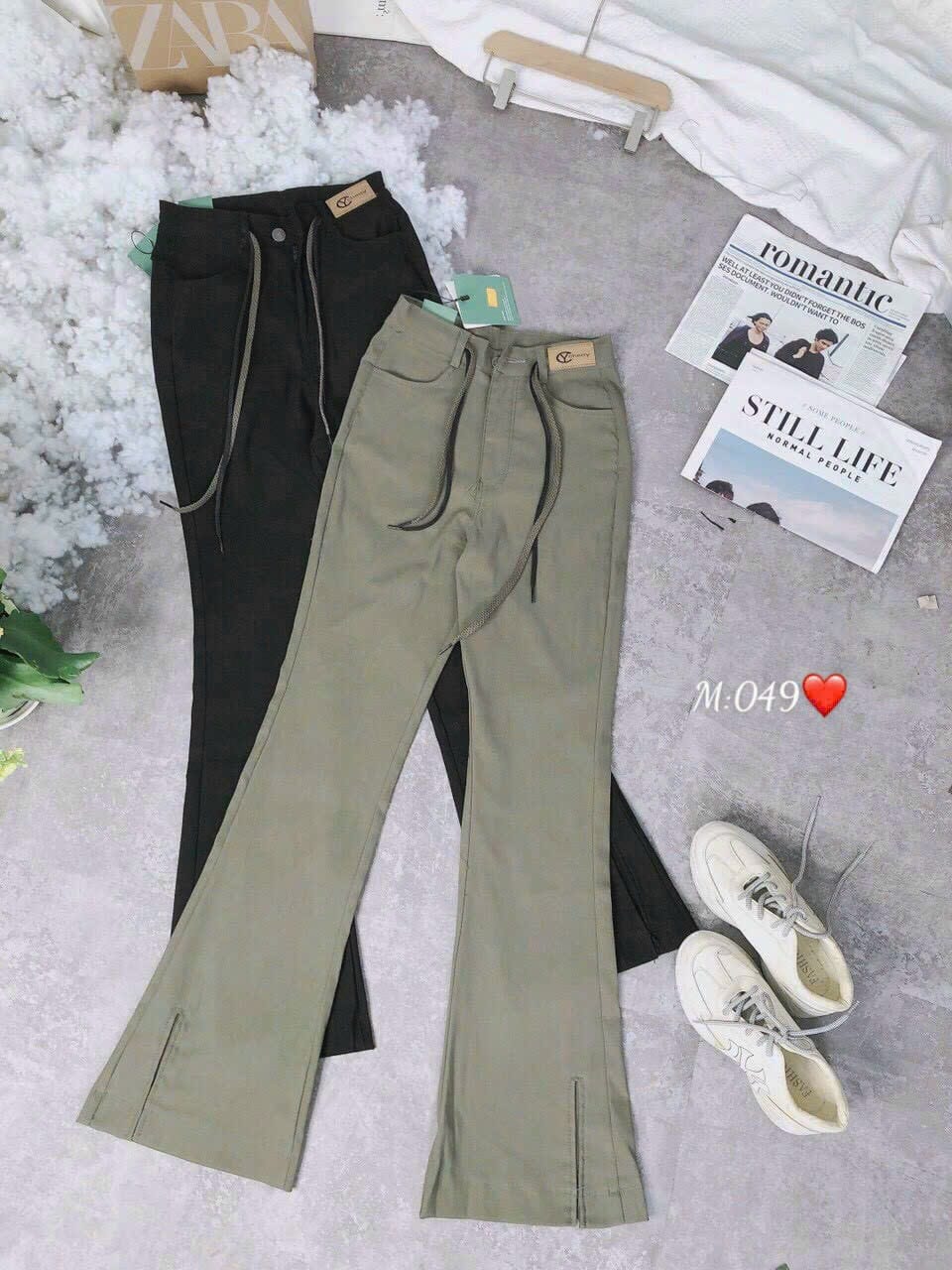 Quần ống loe lai xẻ chất kaki lưng cao tôn dáng phối dây rút cực kì cá tính