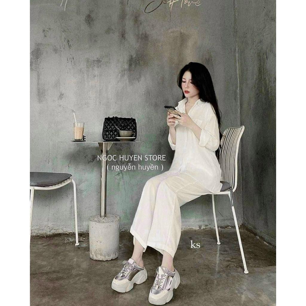 Set đồ jumsuit nữ, bộ quần suông ống rộng kèm áo sơ mi