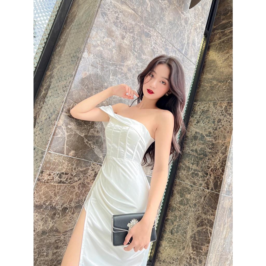 STORY Đầm Scarlett dự tiệc chéo vai sang trọng xẻ tà lụa satin cao cấp thời trang nữ Story.clothes