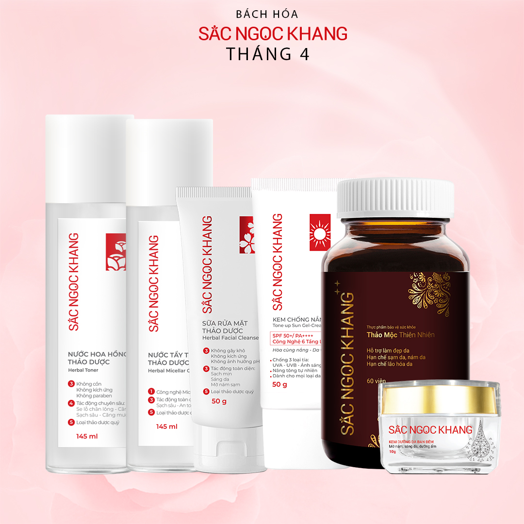 Nước tẩy trang Sắc ngọc Khang 145ml  + Sữa rửa mặt Sắc Ngọc Khang 50g  + Nước hoa hồng Sắc Ngọc Khang 145ml  + Kem dưỡng da ban đêm Sắc Ngọc Khang 10g  + Kem chống nắng Sắc Ngọc Khang 50g  - Viên uống dưỡng da bên trong cao cấp Sắc Ngọc Khang ++ 60 viên