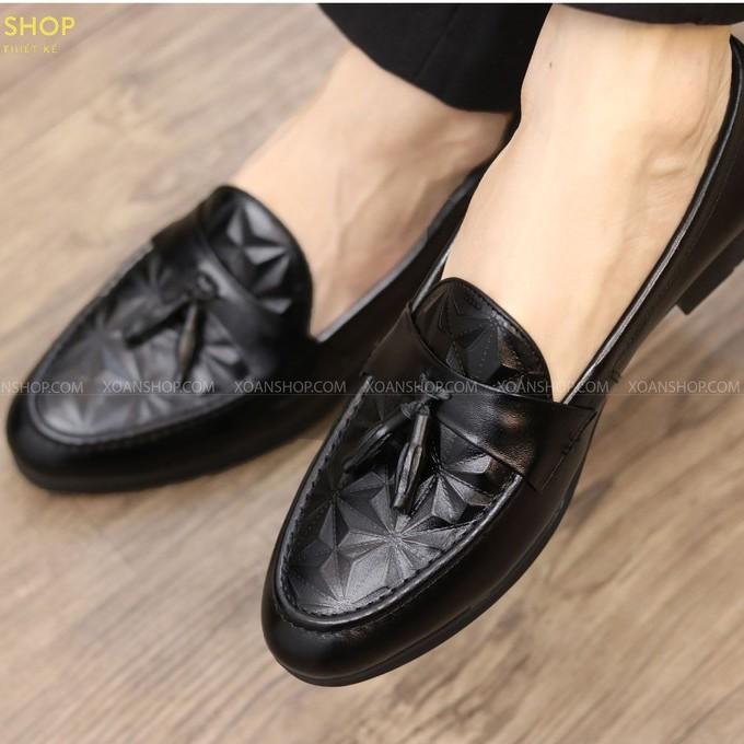 Giày Lười Nam Đẹp Dập Vân 3D Chất Liệu Da PU Đế Cao Su Mã G012 Chuông